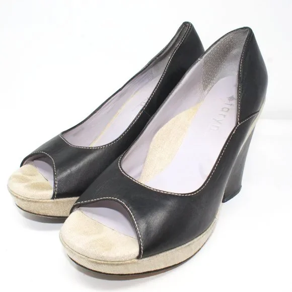 Taryn by Taryn Rose Size 9 Black Leather Linen Platform Wedge Peep Toe Heels - Picture 3 of 11